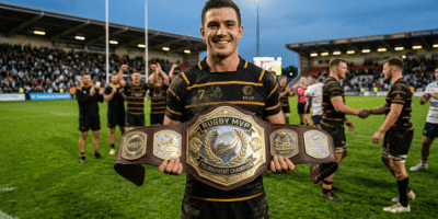 Rugby player holding a custom MVP championship belt above their shoulder, celebrating an outstanding performance on the field.