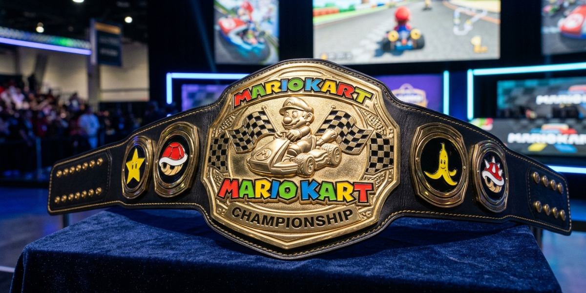 Custom Mario Kart Championship Belts displayed as premium gaming tournament trophies for competitive winners.